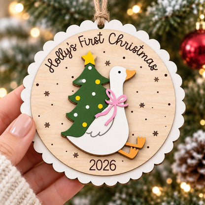 Personalized Baby First Christmas Ornament: Scallop Wooden Goose, Christmas Keepsake