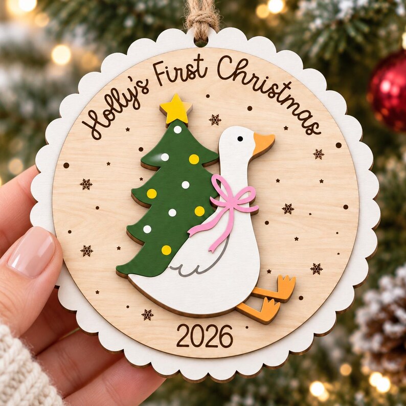 Personalized Baby First Christmas Ornament: Scallop Wooden Goose, Christmas Keepsake