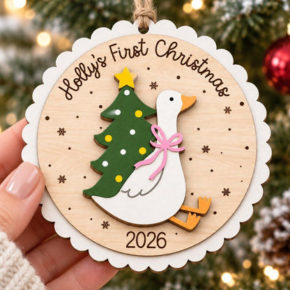 Personalized Baby First Christmas Ornament: Scallop Wooden Goose, Christmas Keepsake