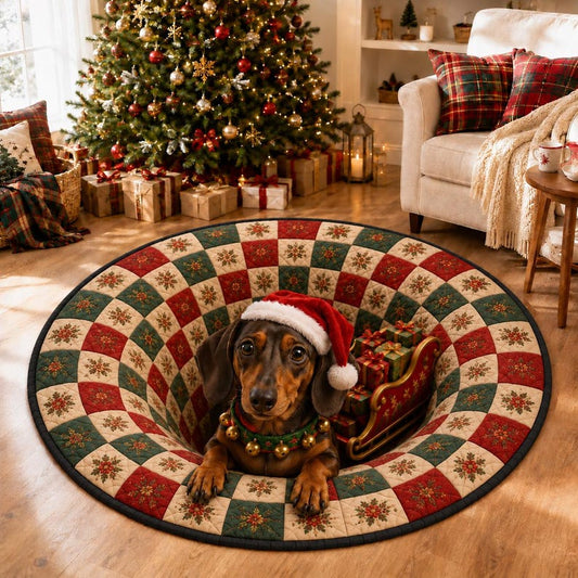3D Dachshund Christmas Rug, Quilted Optical Illusion Round Area Rug, Xmas Dog Lover Floor Mat, Cozy Holiday Living Room Decor, Gift