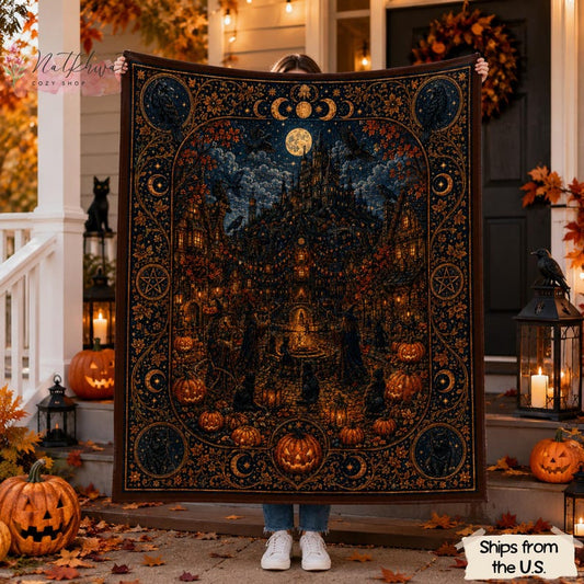Halloween Gothic Blanket, Witchy Castle Flannel Throw, Black Cat Raven Pumpkin Moon Decor, Dark Academia Spooky Halloween Gift for Home