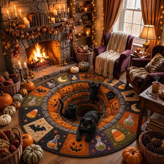 3D Halloween Black Cat Round Rug, Spooky Optical Illusion Carpet, Pumpkin Vortex Quilted Floor Mat, Witchy Fall Decor, Cat Lover Gift