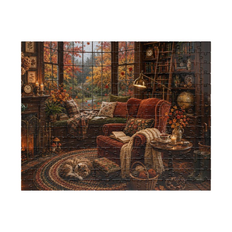 Cozy Autumn Puzzle for Adults Fall Reading Nook Cat Jigsaw Puzzle Book Lover Gift Rainy Day Activity Cozy Cottage Fall Decor 110-1014 Pieces