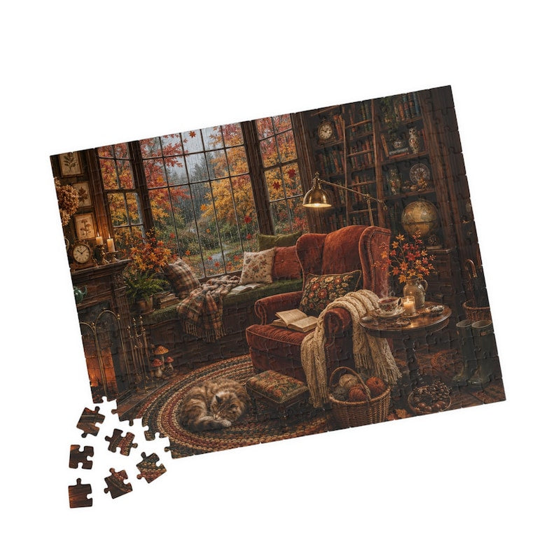 Cozy Autumn Puzzle for Adults Fall Reading Nook Cat Jigsaw Puzzle Book Lover Gift Rainy Day Activity Cozy Cottage Fall Decor 110-1014 Pieces