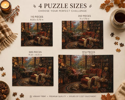 Cozy Autumn Puzzle for Adults Fall Reading Nook Cat Jigsaw Puzzle Book Lover Gift Rainy Day Activity Cozy Cottage Fall Decor 110-1014 Pieces
