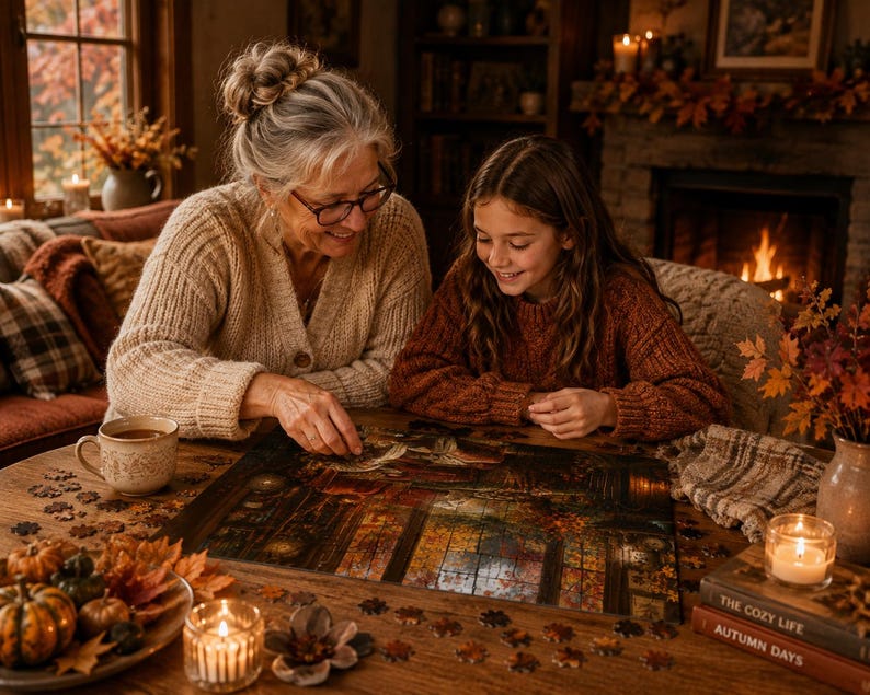 Cozy Autumn Puzzle for Adults Fall Reading Nook Cat Jigsaw Puzzle Book Lover Gift Rainy Day Activity Cozy Cottage Fall Decor 110-1014 Pieces
