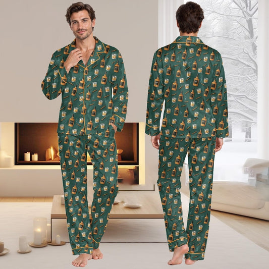 Bourbon Whiskey Pajama Set for Men, Cigar Drink Satin PJs, Gentleman Lounge Sleepwear, Gift for Husband Boyfriend