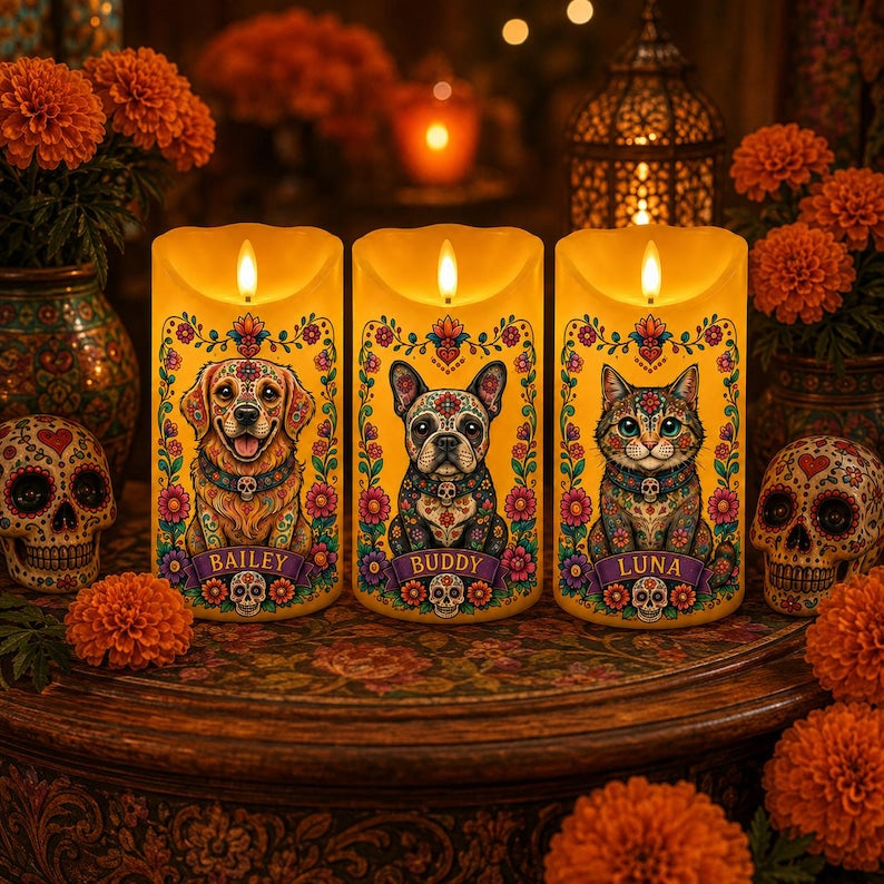 Personalized Pet Loss Candle, Custom Dog Memorial LED Candle, Sugar Skull Day of Dead Decor