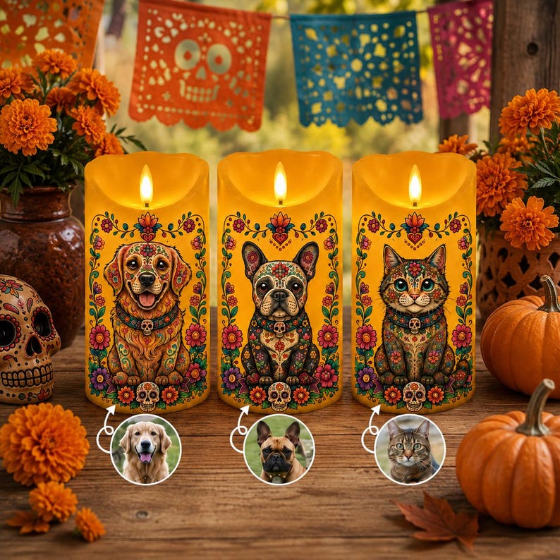 Personalized Pet Loss Candle, Custom Dog Memorial LED Candle, Sugar Skull Day of Dead Decor