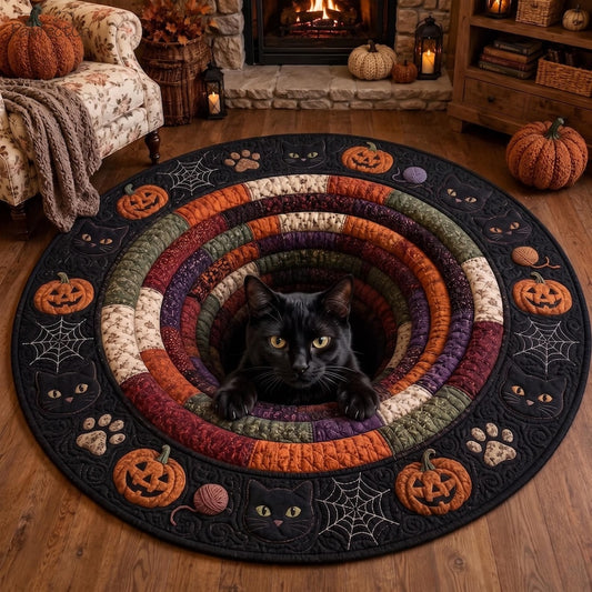 3D Halloween Black Cat Round Rug, Witch Cat Optical Illusion Carpet, Fall Leaves Quilted Floor Mat, Spooky Cottagecore Autumn Decor