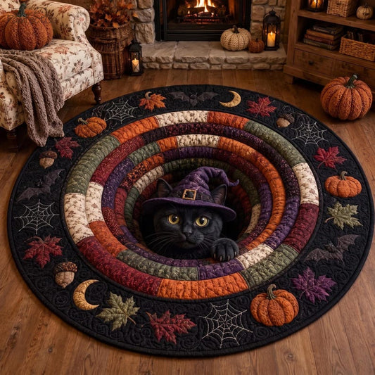 3D Halloween Black Cat Round Rug, Witch Cat Optical Illusion Carpet, Fall Leaves Quilted Floor Mat, Spooky Cottagecore Autumn Decor