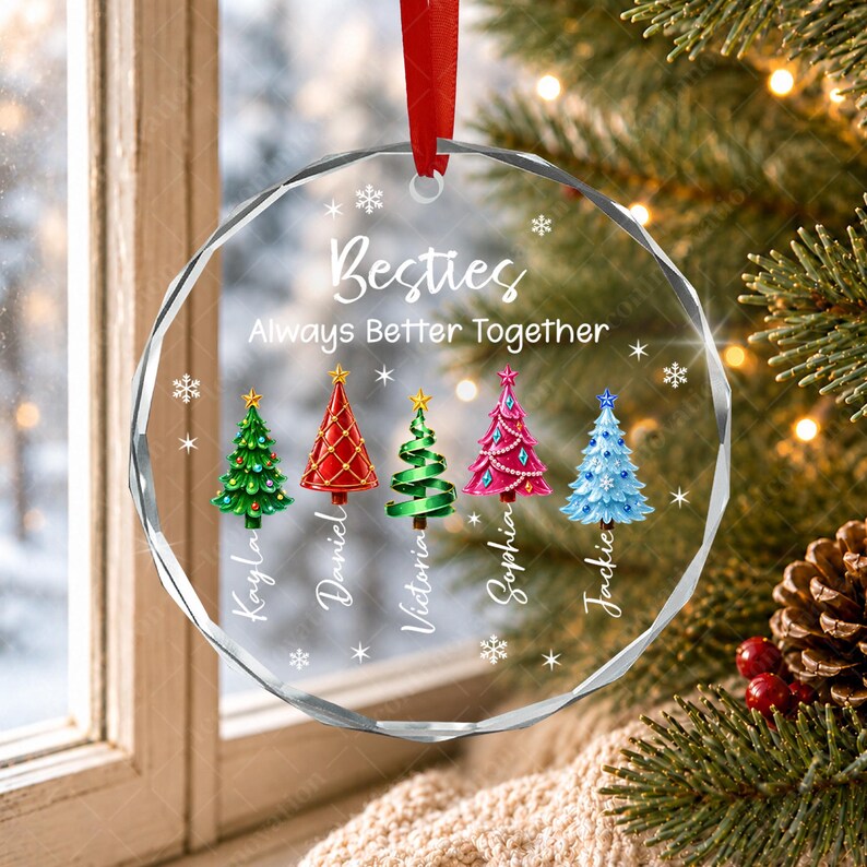 Personalized Friend Christmas Ornament, Besties Always Better Together Circle Glass Ornament