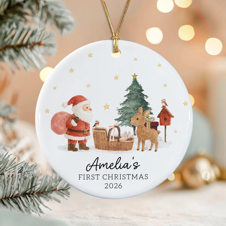 Personalized Baby's First Christmas Ornament, Santa Reindeer with Newborn Basket Circle Ceramic