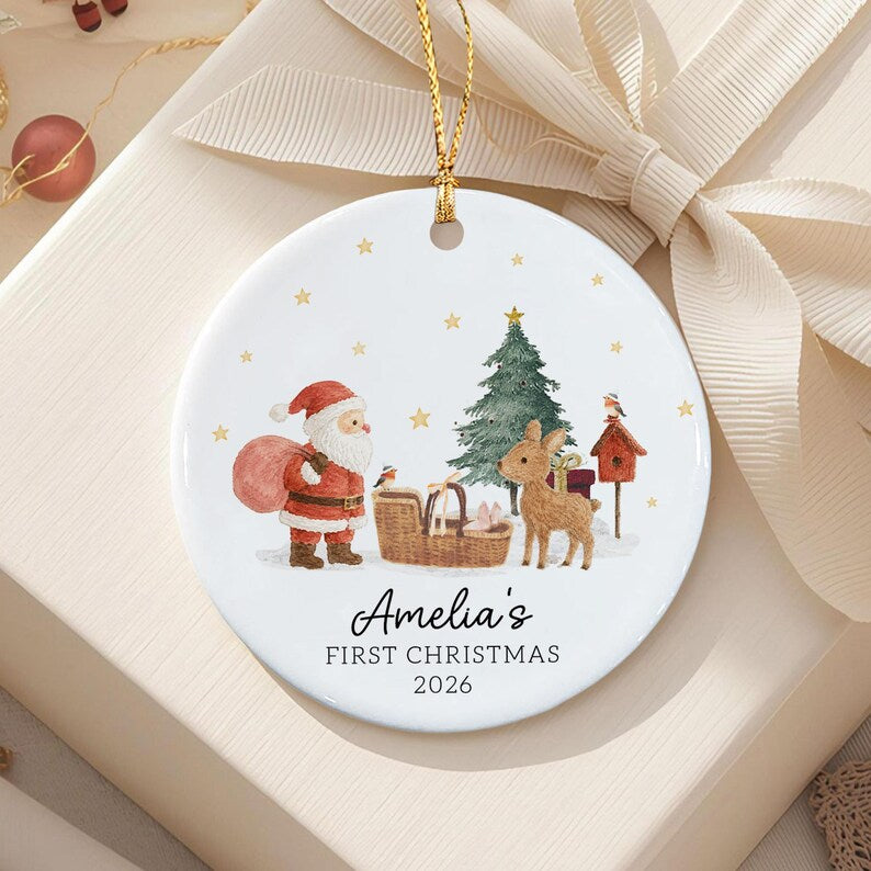 Personalized Baby's First Christmas Ornament, Santa Reindeer with Newborn Basket Circle Ceramic