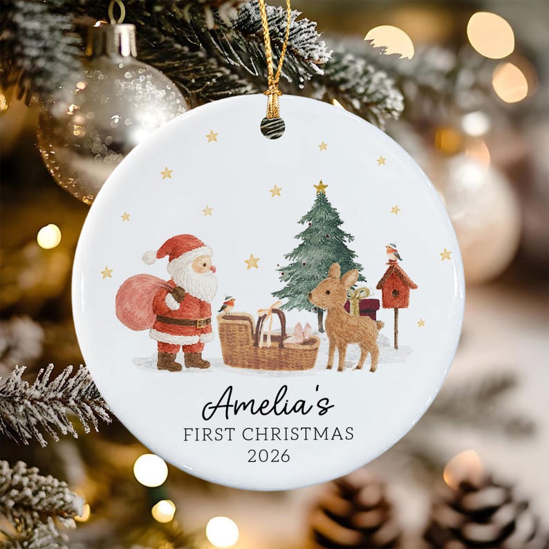Personalized Baby's First Christmas Ornament, Santa Reindeer with Newborn Basket Circle Ceramic