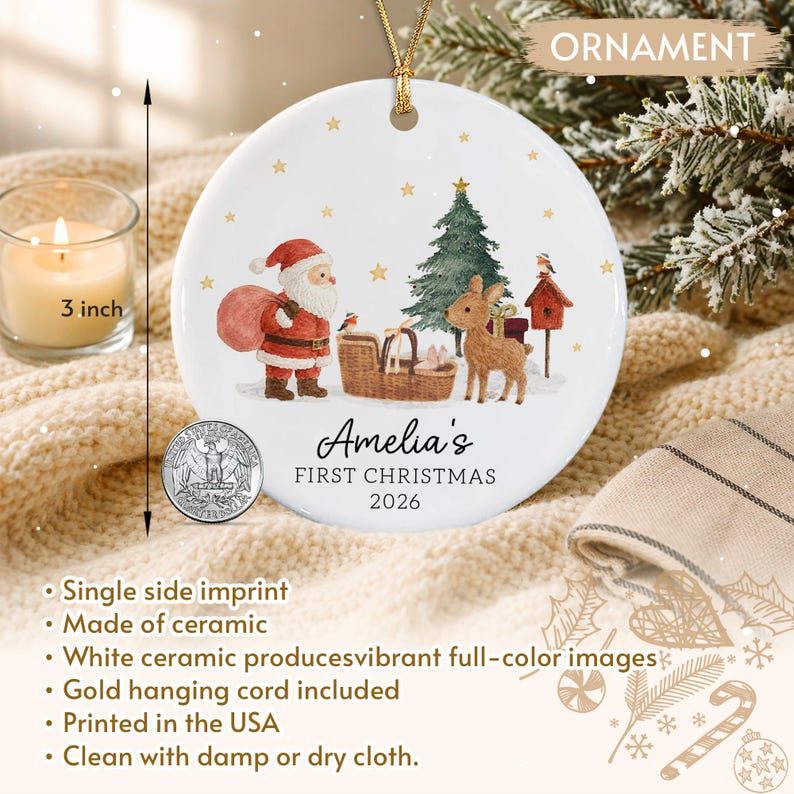 Personalized Baby's First Christmas Ornament, Santa Reindeer with Newborn Basket Circle Ceramic