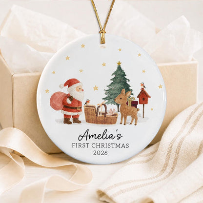 Personalized Baby's First Christmas Ornament, Santa Reindeer with Newborn Basket Circle Ceramic
