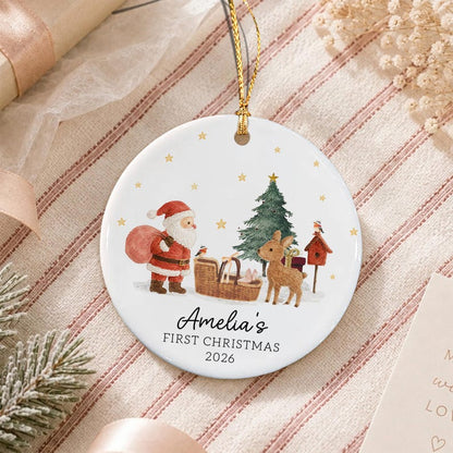 Personalized Baby's First Christmas Ornament, Santa Reindeer with Newborn Basket Circle Ceramic