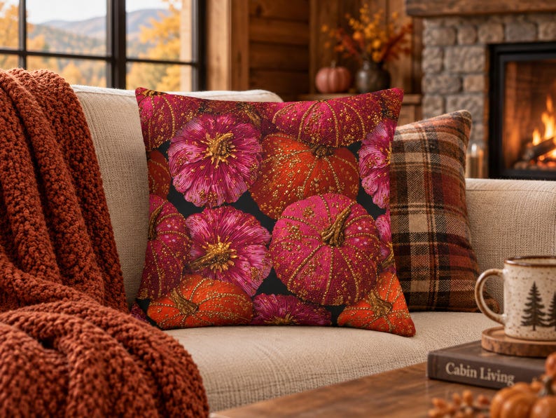 Decorative Pink Pumpkin Pillow Cover, Fall Faux Beaded Design, Halloween Thanksgiving Throw Cushion Case, Farmhouse Pillowcase Decor Gift