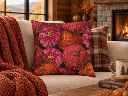 Decorative Pink Pumpkin Pillow Cover, Fall Faux Beaded Design, Halloween Thanksgiving Throw Cushion Case, Farmhouse Pillowcase Decor Gift