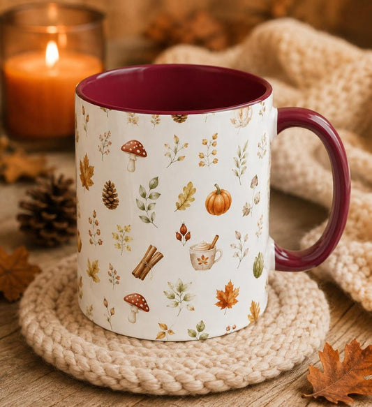Autumn Watercolor Coffee Mug, Cozy Fall Mug, Pumpkin Mushroom Cup, Fall Gift for Her, 11oz 15oz Ceramic Accent Mug