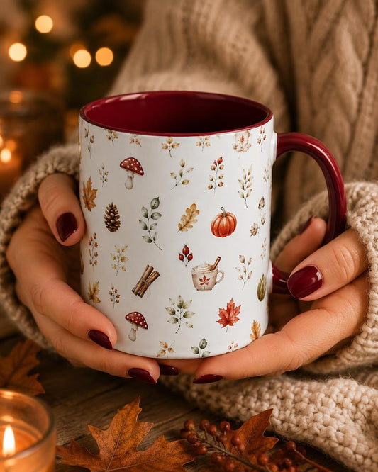 Autumn Watercolor Coffee Mug, Cozy Fall Mug, Pumpkin Mushroom Cup, Fall Gift for Her, 11oz 15oz Ceramic Accent Mug