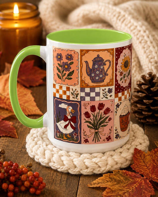 Cozy Fall Patchwork Mug, Autumn Coffee Cup, Vintage Floral Goose Mug, Cottagecore Fall Gift, 11oz 15oz Ceramic Accent Mug
