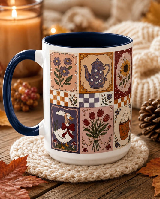 Cozy Fall Patchwork Mug, Autumn Coffee Cup, Vintage Floral Goose Mug, Cottagecore Fall Gift, 11oz 15oz Ceramic Accent Mug