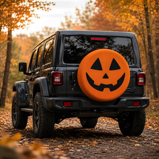 Orange PVC Leather Halloween Jack O Lantern Spare Tire Cover, 14–19 Inch Sizes