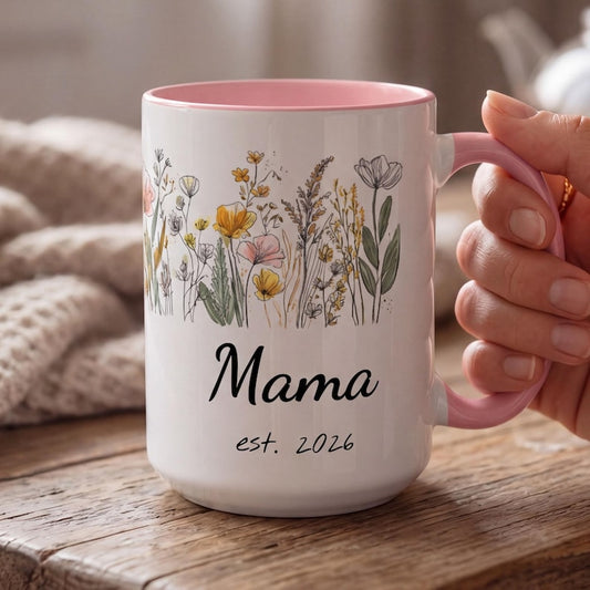 Personalized Wildflower Mama Mug, Custom Est Year Mug, Grandma Auntie Nana Gift, New Mom Pregnancy Announcement Mug, Floral Family Mug