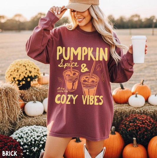 Pumpkin Spice and Cozy Vibes Long Sleeve Shirt, Pumpkin Spice Latte Shirt, Cozy Season Tee, Womens Fall Top, Fall Coffee Long Sleeve Tee