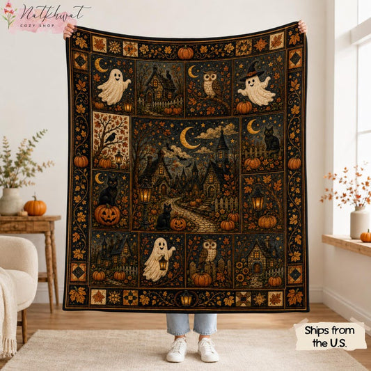 Vintage Halloween Blanket, Haunted Village Ghost Black Cat Pumpkin Throw, Folk Art Owl Moon Autumn Decor, Spooky Fall Cozy Cottage Home Gift