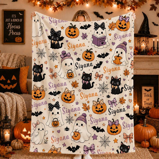Personalized Halloween Blanket, Custom Name Ghost Blanket, Pink Coquette Bow Pumpkin Throw, Cute Halloween Gift for Girls,Halloween keepsake