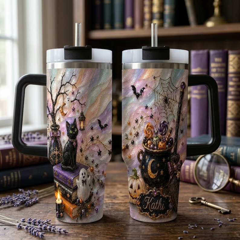 Personalized Black Cat Tumbler 40oz Witchy Halloween Cup Custom Name Cauldron Spooky Gift for Her Gothic Fall Drinkware