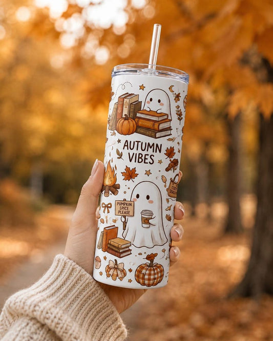 Bookish Ghost Tumbler, Autumn Vibes 20oz Skinny Cup, Fall Pumpkin Spice Gift