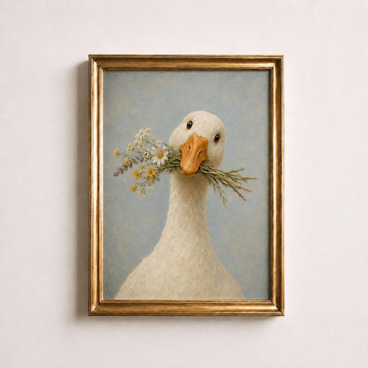 Goose with Flowers Poster, Duck Holding Wildflowers, Cottagecore Wall Art, Vintage Farmhouse Decor, Blue Nursery Wall Art, Mother's Day Gift