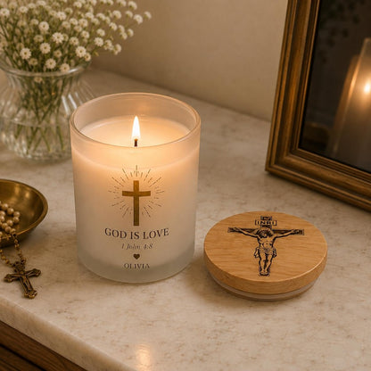 Personalized Catholic Candle, Bible Verse Candle, Catholic Gift, First Communion Gift, Prayer Candle, Engraved Bamboo Lid
