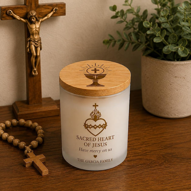 Personalized Catholic Candle, Bible Verse Candle, Catholic Gift, First Communion Gift, Prayer Candle, Engraved Bamboo Lid