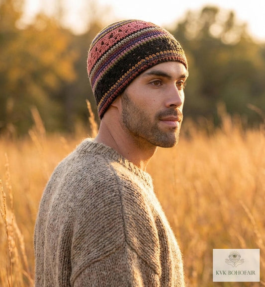 Striped Kufi Skull Cap - Crocheted Beanie Hat, Ethically sourced