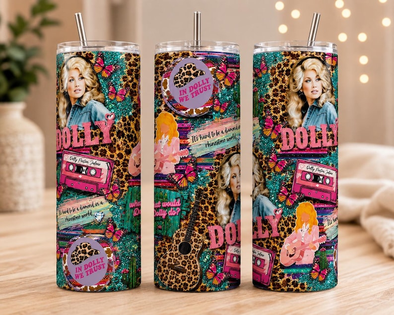 Dolly Parton 20oz Skinny Tumbler, Pink Country Music Lover Gift (Sublimation Design)