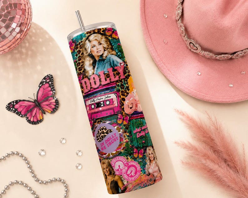 Dolly Parton 20oz Skinny Tumbler, Pink Country Music Lover Gift (Sublimation Design)