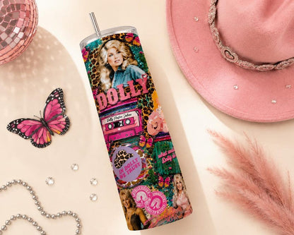 Dolly Parton 20oz Skinny Tumbler, Pink Country Music Lover Gift (Sublimation Design)