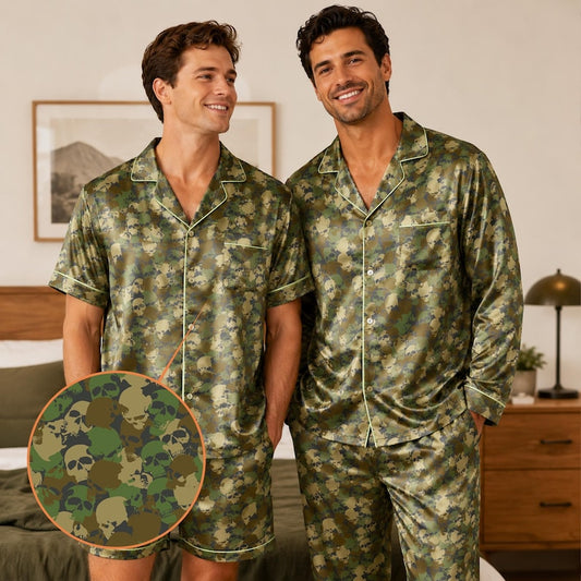 Skull Camo Pajama Set for Men, Military Camouflage Satin Pajamas, Skeleton Skull PJs, Short or Long Sleeve Sleepwear