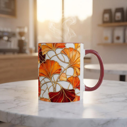 Autumn Ginkgo Leaves stained glass Mug | Accent Coffee Mug 11oz 15oz