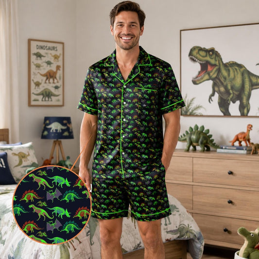 Mens Dinosaur Pajamas, Neon Dinosaur Satin Pajama Set, Colorful Dino PJs, Long Sleeve Long Pants Sleepwear Gift