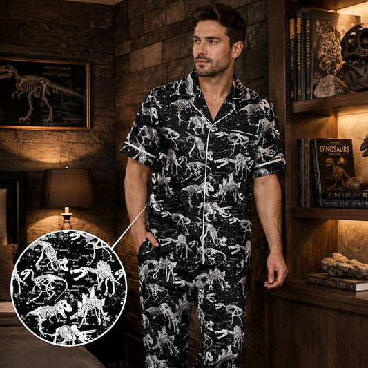 Men's Dinosaur Pajamas, Dinosaur Fossil Skeleton Satin Pajama Set, Black Dino PJs, Short Long Sleeve Sleepwear Gift