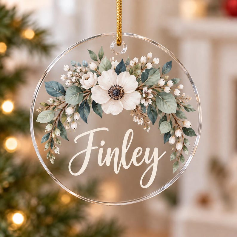 Personalized Floral Christmas Ornament, Custom Name Flower Ornament, Acrylic Glass Ceramic Keepsake, Christmas Gift
