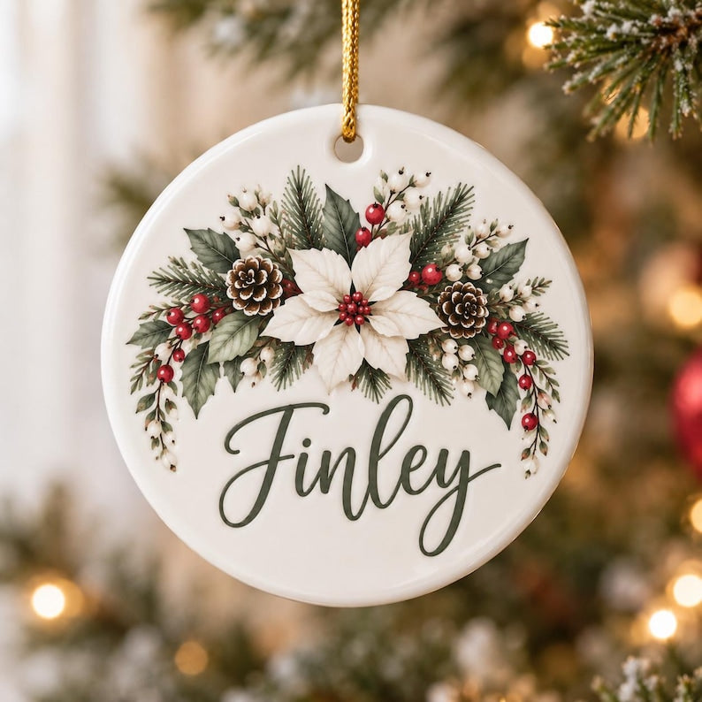 Personalized Floral Christmas Ornament, Custom Name Flower Ornament, Acrylic Glass Ceramic Keepsake, Christmas Gift