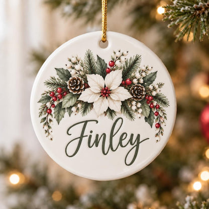 Personalized Floral Christmas Ornament, Custom Name Flower Ornament, Acrylic Glass Ceramic Keepsake, Christmas Gift