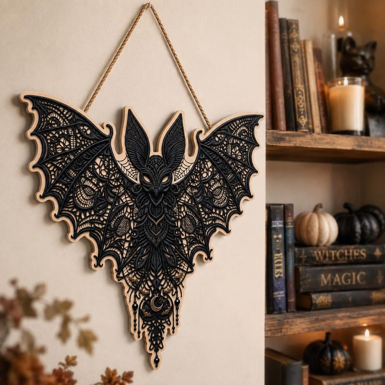 Gothic Bat Door Hanger, Halloween Wooden Sign, Spooky Bat Wall Decor, Witchy Home Decor, Gothic Halloween Decor, Front Door Decoration
